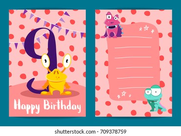 Vector happy birthday card with cute cartoon monsters and age nine number on circles background