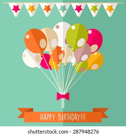 Vector happy birthday card, flat colorful design, balloons with ribbon and flags