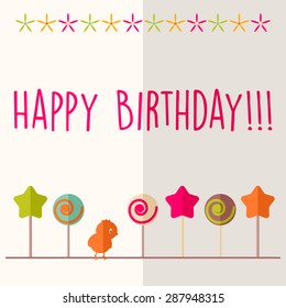 Vector happy birthday card, flat colorful design, chicken, candies, stars and flowers