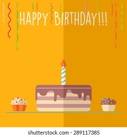 Vector happy birthday card, flat colorful design, cake with candle and ribbons
