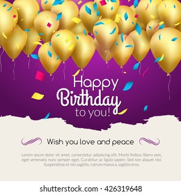 Vector happy birthday card with golden balloons and confetti, party invitation