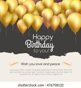 Vector happy birthday card with golden balloons, party invitation. Celebration backgorund.