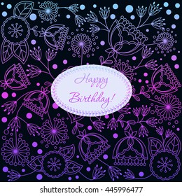 Vector happy birthday card with gradient poppy dandelion bell flowers