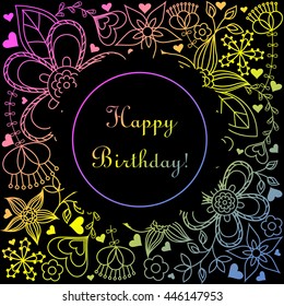 Vector happy birthday card with gradient hearts and flowers