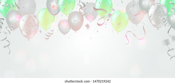 Vector happy birthday card with green balloons, party invitation.