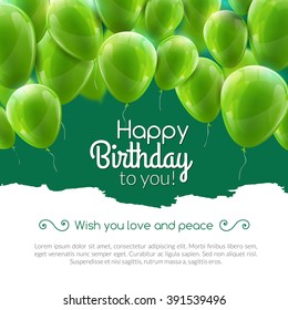 Vector Happy Birthday Card With Green Balloons, Party Invitation