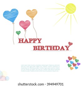 Vector Happy birthday card with heart balloons in doodle design