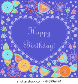 Vector happy birthday card with heart and poppy dandelion bell flowers
