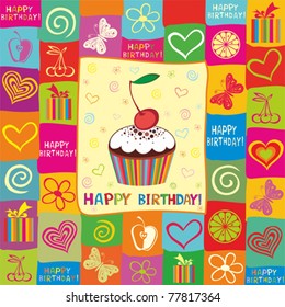 Vector happy birthday card. Illustration of cute cupcake