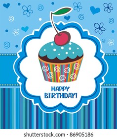 Vector happy birthday card. Illustration of cute cupcake