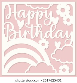 Vector happy birthday card. Layered paper cut Flowers and Butterflies. Paper cut out design. Shadow box style. 3D design
