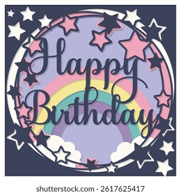 Vector happy birthday card. Layered paper cut Flowers and Butterflies. Paper cut out design. Shadow box style. 3D design