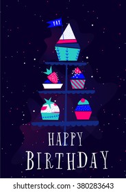 Vector happy birthday card. Modern hipster greeting with handwriting type and minimalist illustration, birthday cupcakes and confetti. Happy Birthday. Vector birthday cakes