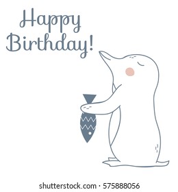 Vector happy Birthday card with penguin and fish