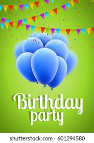 Vector happy birthday card with pink balloons and confetti, party invitation.