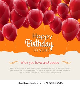 Vector Happy Birthday Card With Red Balloons, Party Invitation. Birthday Balloons