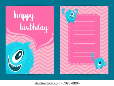 Vector happy birthday card template with cartoon monsters
