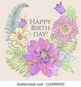 vector happy birthday card with tender flowers, vintage engraving style illustration. 