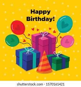 Vector Happy Birthday card with three gift boxes and colorful balloons and red hearts and an orange party hat on textured yellow background. Illustration graphic Happy Birthday greeting card.
