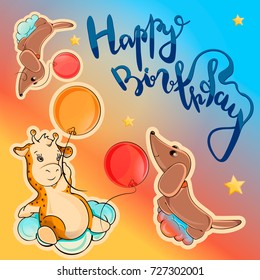 Vector Happy Birthday card in toy style, vibrant colors. With hand written lettering greeting and animals. Printable illustration. Can be used for celebration, web, as postcard,  invitation