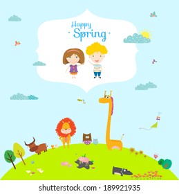 Vector happy birthday card in a vintage hipster style with place for text. Bright background with cute and funny animals and children. Spring season.