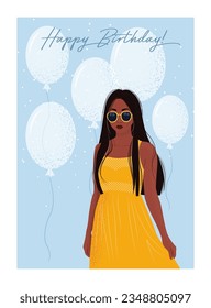Vector Happy birthday card with woman and balloons