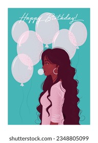 Vector Happy birthday card with woman and balloons