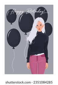 Vector Happy birthday card with woman and balloons