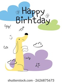 Vector happy birthday cards with funny dog dachshund. Vector greeting card with cute dog and clouds, print for factory textiles.