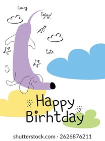 Vector happy birthday cards with funny dog dachshund in pastel colors. Vector greeting card with cute dog and clouds, print for factory textiles.