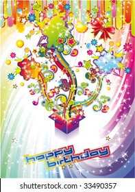 VECTOR Happy Birthday Colorful Background with Abstract Flower and Fantasy Elements