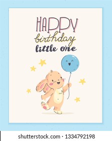 Vector happy birthday congratulation card design with cute little baby rabbit hold air balloon and text congratulation isolated on light background. Good for HB card, baby shower party invitation etc.