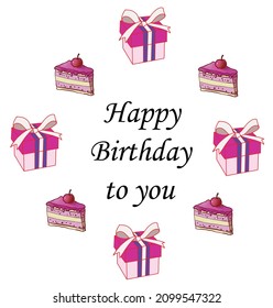 Vector Happy Birthday design for greeting cards and poster with cake, box with gift on white background, template for birthday celebration