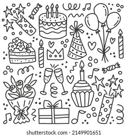 Vector happy birthday doodles isolated on white background. Birthday cake, flower bouquet, presents, balloons in line syle