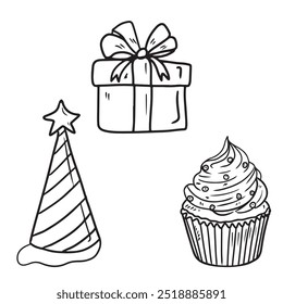 Vector happy birthday equipment for holiday celebration. Gift box with ribbon bow, striped paper hat star, beautiful cupcake with cheese cream. Hand drawn sketch illustration in doodle icon vintage