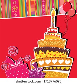 Vector Happy Birthday, Festive illustration on magenta background with birthday cake for greeting card or invitation templates