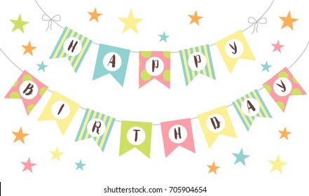 vector happy birthday flags, party banner and invintation