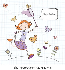 Vector happy birthday fun greeting card. Girl wit butterflies. Line art drawing, doodle, sketch.