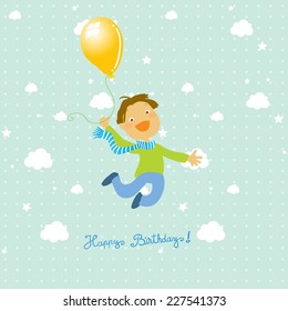 Vector feliz tarjeta de felicitación de cumpleaños. Niño saltando con globo. Cielo con nubes.