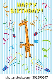 Vector happy birthday giraffe party postcard illustration.