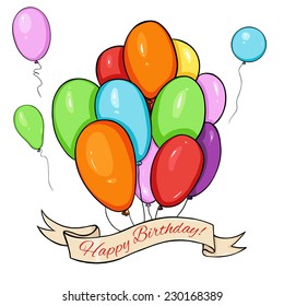 Vector Happy Birthday Greating Card. Color Air Baloons and Ribbon with Text.