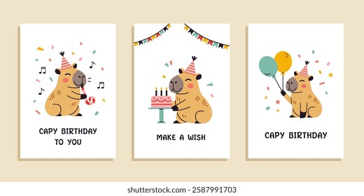 Vector happy birthday greeting card and party invitation set. Posters with cute capybaras in flat design. Festive postcards. Collection of greeting cards illustration.