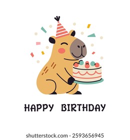 Vector happy birthday greeting card with capybara. Poster with cute happy capybara with birthday cake in flat design. Greeting card illustration with cute capybara. Festive postcard.