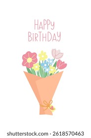 Vector Happy Birthday greeting card with pastel flower bouquet. Hand drawn floral illustration with tulips, wildflowers and ribbon in soft colors. Festive spring design for celebration.