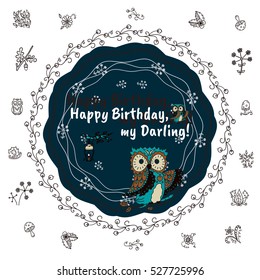 Vector happy birthday greeting card. Frame with cartoon hand drawn bird, owl, forest and flower elements. Abstract background, mori-girl style ornament 