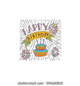 Vector Happy Birthday hand drawn illustrations with cake for greeting cards design isolated on white background. 