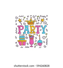 Vector Happy Birthday hand drawn illustrations for greeting cards design isolated on white background. Happy Birthday to you. Party elements. 