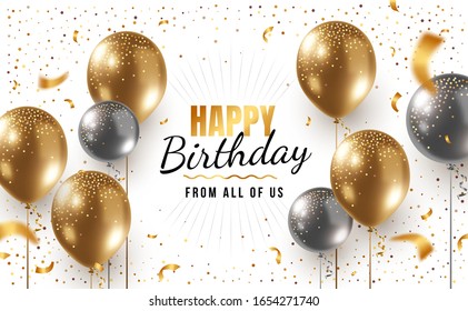 Vector happy birthday horizontal illustration with 3d realistic golden and silver air balloon on white background with text and glitter confetti. Holiday design for greeting card, party poster,  web