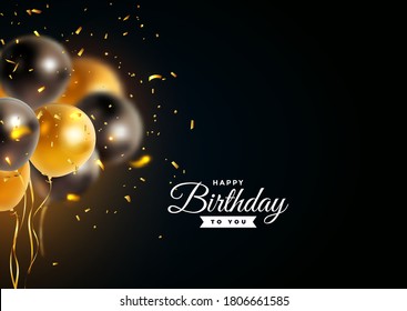 Vector happy birthday horizontal illustration on black background with 3d realistic golden and black air balloon with text and glitter confetti. Holiday design for greeting card. party banner design