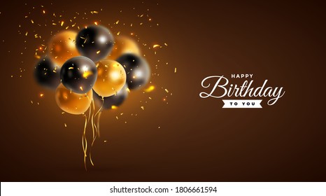 Vector happy birthday horizontal illustration on brown background with 3d realistic golden and black air balloon with text and glitter confetti. Holiday design for greeting card. party banner design